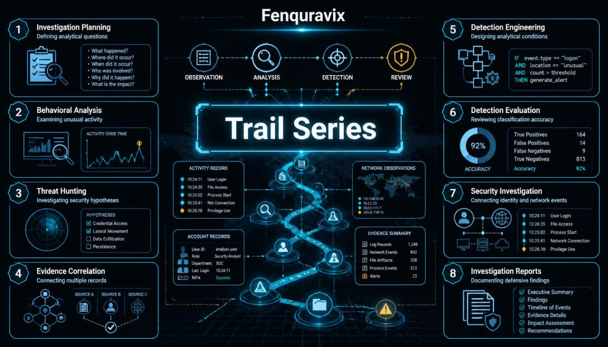 A dark blue and black infographic titled 'Fenquravix Trail Series' with multiple panels detailing cybersecurity investigation steps such as investigation planning, behavioral analysis, threat hunting, evidence correlation, detection engineering, evaluation, security investigation, and investigation reports. The design uses glowing blue lines, icons, and text on a dark background.